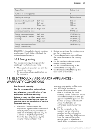 Page 17Type of hob Built-In HobNumber of cooking zones 4Heating technology Radiant HeaterDiameter of circular cook-
ing zones (Ø)Left front
Left rear
Right front21.0 cm
14.5 cm
18.0 cmLenght (L) and width (W) of
non circular cooking zoneRight rearL 26.5 cm
W 17.0 cmEnergy consumption per
cooking zone (EC electric
cooking)Left front
Left rear
Right front
Right rear174.3 Wh / kg
196.8 Wh / kg
175.6 Wh / kg
176.8 Wh / kgEnergy consumption of the
hob (EC electric hob) 180.9 Wh / kgEN 60350-2 - Household electric...