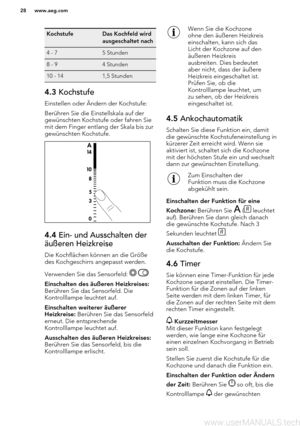 Page 28KochstufeDas Kochfeld wird
ausgeschaltet nach4 - 75 Stunden8 - 94 Stunden10 - 141,5 Stunden4.3  Kochstufe
Einstellen oder Ändern der Kochstufe:
Berühren Sie die Einstellskala auf der
gewünschten Kochstufe oder fahren Sie
mit dem Finger entlang der Skala bis zur
gewünschten Kochstufe.
4.4  Ein- und Ausschalten der
äußeren Heizkreise
Die Kochflächen können an die Größe
des Kochgeschirrs angepasst werden.
Verwenden Sie das Sensorfeld: 
 
Einschalten des äußeren Heizkreises:
Berühren Sie das Sensorfeld. Die...