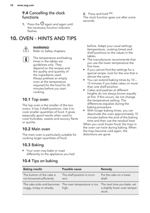 Page 189.4 Cancelling the clock
functions
1. Press the 
 again and again until
the necessary function indicator
flashes.
2. Press and hold .
The clock function goes out after some
seconds.10.  OVEN - HINTS AND TIPSWARNING!
Refer to Safety chapters.The temperature and baking
times in the tables are
guidelines only. They
depend on the recipes and
the quality and quantity of
the ingredients used.
Always preheat an empty
oven at the temperature
required for the food for 20
minutes before you start
cooking.10.1  Top...