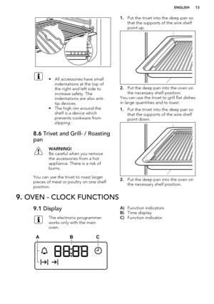 Page 13• All accessories have smallindentations at the top of
the right and left side to
increase safety. The
indentations are also anti-
tip devices.
• The high rim around the shelf is a device which
prevents cookware from
slipping.8.6  Trivet and Grill- / Roasting
panWARNING!
Be careful when you remove
the accessories from a hot
appliance. There is a risk of
burns.
You can use the trivet to roast larger pieces of meat or poultry on one shelf
position.
1. Put the trivet into the deep pan so
that the supports...