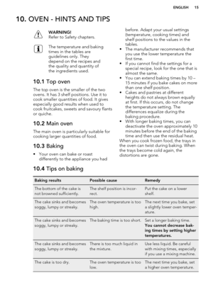 Page 1510. OVEN - HINTS AND TIPSWARNING!
Refer to Safety chapters.The temperature and baking
times in the tables are
guidelines only. They
depend on the recipes and
the quality and quantity of
the ingredients used.10.1  Top oven
The top oven is the smaller of the two
ovens. It has 3 shelf positions. Use it to
cook smaller quantities of food. It gives
especially good results when used to
cook fruitcakes, sweets and savoury flants
or quiche.
10.2  Main oven
The main oven is particularly suitable for
cooking...