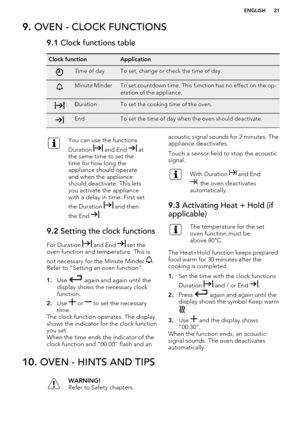 Page 219. OVEN - CLOCK FUNCTIONS9.1  Clock functions tableClock functionApplicationTime of dayTo set, change or check the time of day.Minute MinderTo set countdown time. This function has no effect on the op-
eration of the appliance.DurationTo set the cooking time of the oven.EndTo set the time of day when the oven should deactivate.You can use the functions
Duration 
 and End  at
the same time to set the
time for how long the
appliance should operate
and when the appliance
should deactivate. This lets
you...