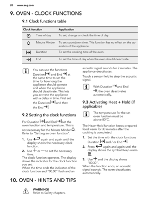 Page 209. OVEN - CLOCK FUNCTIONS9.1  Clock functions tableClock functionApplicationTime of dayTo set, change or check the time of day.Minute MinderTo set countdown time. This function has no effect on the op-
eration of the appliance.DurationTo set the cooking time of the oven.EndTo set the time of day when the oven should deactivate.You can use the functions
Duration 
 and End  at
the same time to set the
time for how long the
appliance should operate
and when the appliance
should deactivate. This lets
you...
