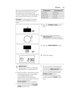 Page 113\b\b3
ENGLISH
Your oven can be programmed for up to
90 minutes. The input unit of cooking
time varies from \f5 seconds to ﬁve
minutes. It depends on the total length of
the cooking time as shown in the table.
Example:
To heat soup for 2 minutes
and 30 seconds on 630 W microwave
power.
x\b
x2
Cooking timeIncreasing unit
0\b5 minutes\f5 seconds
5\b\f0 minutes30 seconds
\f0\b30 minutes\f minute
30\b90 minutes5 minutes
\b. Press the  POWER LEVEL button
twice.
2. Enter the time by rotating the
TIMER/WEIGHT...