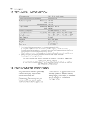 Page 130\b30www.aeg.com
Recycle materials with the symbol      .
Put the packaging in applicable
containers to recycle it. 
Help protect the environment and
human health and recycle waste
electrical and electronic appliances.  Do not dispose of appliances marked
with the symbol      with household
waste. Return the product to your local
recycling facility or contact your
municipal ofﬁce.
\b\b.
ENVIRONMENT CONCERNS
\b0.TECHNICAL INFORMATION
AC Line Voltage230 V, 50 Hz, single phase
Distribution line fuse/circuit...