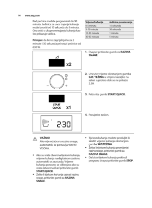 Page 1616www.aeg.com
rad pećnice moRete programirati do 90
minuta\b jedinica za unos trajanja kuhanja
moRe iznositi od 15 sekunda do 5 minuta\b
ona ovisi o ukupnom trajanju kuhanja kao
Qto prikazuje tablica\b
Primjer: da biste zagrijali juhu za \f
minute i 30 sekunda pri snazi pećnice od
630 W\b
x1
x2
Vrijeme kuhanjaJedinica povećavanja
0-5 minuta15 sekunda
5- 10 minuta30 sekunda
10-30 minuta1 minuta
30-90 minuta5 minuta
1. dvaput pritisnite gumb za RAZINA
SNAGE\b
2. unesite vrijeme okretanjem gumba
SAT/TEŽINA...