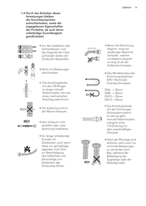 Page 1919 GERMAN
 1.4  Durch das Einhalten dieser 
Anweisungen bleiben 
die Garantieansprüche 
aufrechterhalten, sowie die 
angegebenen Eigenschaften 
der Produkte, als auch deren 
vollständige Zuverlässigkeit 
gewährleistet.
OK!
OK!
NO!
2 x Øã  Vor der Installation das 
Vorhandensein und 
die Integrität der Falze 
auf beiden Seiten der 
Schläuche überprüfen.
ã  Nicht mit Werkzeugen 
verschrauben.
ã    Die Anschlussstücke 
mit den OR-Ringen 
so lange manuell 
festschrauben, bis man 
einen mechanischen 
Anschlag...