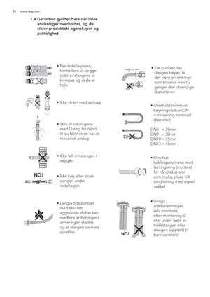 Page 3434 www.aeg.com
 1.4  Garantien gjelder bare når disse 
anvisninger overholdes, og de 
sikrer produktets egenskaper og 
pålitelighet. 
OK!
OK!
NO!
2 x Øã  Før installasjonen, 
kontrollere at begge 
sider av slangene er 
krympet og at de er 
hele.
ã Ikke stram med verktøy.
ã  Skru til koblingene 
med O-ring for hånd, 
til du føler at de når et 
mekanisk anslag
ã  Ikke fell inn slangen i 
veggen.
ã  Ikke bøy eller stram 
slangen under 
installasjon.
ã  Lengre tids kontakt 
med selv lett 
aggressive stoffer...
