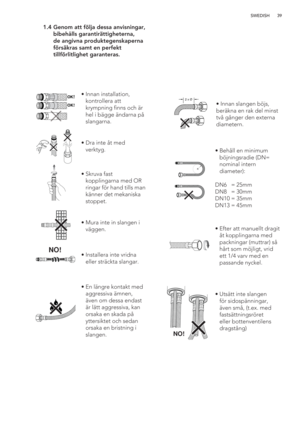 Page 3939 SWEDISH
 1.4  Genom att följa dessa anvisningar, 
bibehålls garantirättigheterna, 
de angivna produktegenskaperna 
försäkras samt en perfekt 
tillförlitlighet garanteras.
OK!
OK!
NO!
2 x Øã  Innan installation, 
kontrollera att 
krympning finns och är 
hel i bägge ändarna på 
slangarna.
ã  Dra inte åt med 
verktyg.
ã  Skruva fast 
kopplingarna med OR 
ringar för hand tills man 
känner det mekaniska 
stoppet.
ã  Mura inte in slangen i 
väggen.
ã  Installera inte vridna 
eller sträckta slangar.
ã  En...