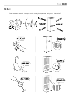 Page 15NOISES
There are some sounds during normal running (compressor, refrigerant circulation).
BRRR! HISSS!
CLICK!
BLUBB!
CRACK!
SSSRRR!
OK
CLICK!CLICK!
BRRR!
BRRR!
BLUBB!BLUBB!
Noises15 