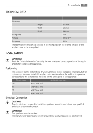 Page 15TECHNICAL DATA
   
Dimension  
 Height815 mm
 Width596 mm
 Depth550 mm
Rising Time 13 h
Voltage 230240 V
Frequency 50 Hz
The technical information are situated in the rating plate on the internal left side of the
appliance and in the energy label.
INSTALLATION
WARNING!
Read the "Safety Information" carefully for your safety and correct operation of the appli-
ance before installing the appliance.
Positioning
This appliance can be installed in a dry, well ventilated indoor (garage or cellar)...