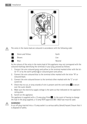 Page 1612
3
4
5
The wires in the mains lead are coloured in accordance with the following code:
1Green and Yellow: Earth
3Brown: Live
5Blue: Neutral
As the colours of the wires in the mains lead of this appliance may not correspond with the
coloured markings identifying the terminals in your plug, proceed as follows:
1. Connect the wire coloured green and yellow to the terminal marked either with the let-
ter “E“ or by the earth symbol 
 or coloured green and yellow.
2. Connect the wire coloured blue to the...