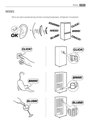 Page 17NOISES
There are some sounds during normal running (compressor, refrigerant circulation).
BRRR! HISSS!
CLICK!
BLUBB!
CRACK!
SSSRRR!
OK
CLICK!CLICK!
BRRR!
BRRR!
BLUBB!BLUBB!
Noises17 