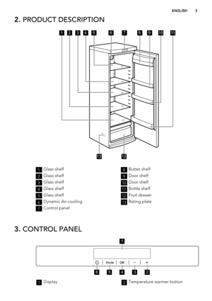 Page 52. PRODUCT DESCRIPTION
243891011
13
5671
12
1Glass shelf
2Glass shelf
3Glass shelf
4Glass shelf
5Glass shelf
6Dynamic Air-cooling
7Control panel
8Butter shelf
9Door shelf
10Door shelf
11Bottle shelf
12Fruit drawer
13Rating plate
3. CONTROL PANEL
56432
1
1Display2Temperature warmer button
ENGLISH5 