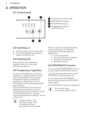 Page 63. OPERATION3.1  Control panel1Temperature indicator LED2
FROSTMATIC indicator
3
FROSTMATIC button
4
Temperature regulator
ON/OFF button
3.2  Switching on
1. Insert the plug into the wall socket.
2. Touch the temperature regulator
button if all LED are off.3.3  Switching off
Keep touching the temperature
regulator button for 3 seconds.
All indicators light off.
3.4  Temperature regulation
To operate the appliance, touch the
temperature regulator button until the
LED corresponding to the required...