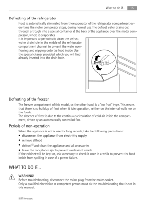 Page 15Defrosting of the refrigerator
Frost is automatically eliminated from the evaporator of the refrigerator compartment ev-
ery time the motor compressor stops, during normal use. The defrost water drains out
through a trough into a special container at the back of the appliance, over the motor com-
pressor, where it evaporates.
It is important to periodically clean the defrost
water drain hole in the middle of the refrigerator
compartment channel to prevent the water over-
flowing and dripping onto the...