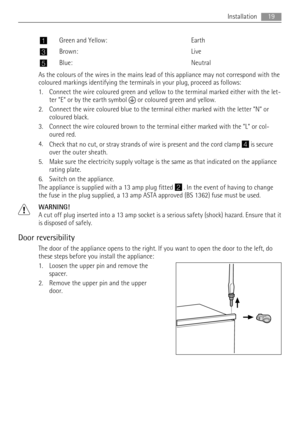 Page 191Green and Yellow: Earth
3Brown: Live
5Blue: Neutral
As the colours of the wires in the mains lead of this appliance may not correspond with the
coloured markings identifying the terminals in your plug, proceed as follows:
1. Connect the wire coloured green and yellow to the terminal marked either with the let-
ter “E“ or by the earth symbol 
 or coloured green and yellow.
2. Connect the wire coloured blue to the terminal either marked with the letter “N“ or
coloured black.
3. Connect the wire coloured...