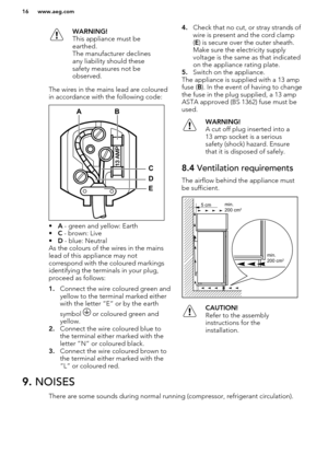 Page 16WARNING!
This appliance must be
earthed.
The manufacturer declines
any liability should these
safety measures not be
observed.
The wires in the mains lead are coloured
in accordance with the following code:
• A - green and yellow: Earth
• C - brown: Live
• D - blue: Neutral
As the colours of the wires in the mains
lead of this appliance may not
correspond with the coloured markings
identifying the terminals in your plug,
proceed as follows:
1. Connect the wire coloured green and
yellow to the terminal...