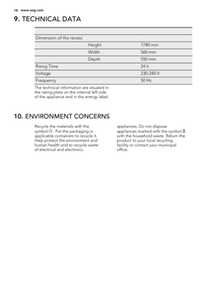 Page 189. TECHNICAL DATA
   
Dimension of the recess  
 Height1780 mm
 Width560 mm
 Depth550 mm
Rising Time 24 h
Voltage 230-240 V
Frequency 50 Hz
The technical information are situated in
the rating plate on the internal left side
of the appliance and in the energy label.
10. ENVIRONMENT CONCERNS
Recycle the materials with the
symbol  . Put the packaging in
applicable containers to recycle it.
Help protect the environment and
human health and to recycle waste
of electrical and electronicappliances. Do not...