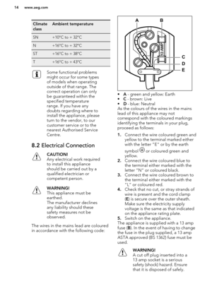 Page 14Climate
classAmbient temperatureSN+10°C to + 32°CN+16°C to + 32°CST+16°C to + 38°CT+16°C to + 43°CSome functional problems
might occur for some types
of models when operating
outside of that range. The
correct operation can only
be guaranteed within the
specified temperature
range. If you have any
doubts regarding where to
install the appliance, please
turn to the vendor, to our
customer service or to the
nearest Authorised Service
Centre.8.2  Electrical ConnectionCAUTION!
Any electrical work required to...