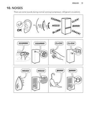 Page 1910. NOISES
There are some sounds during normal running (compressor, refrigerant circulation).
ENGLISH19BRRR!
HISSS!
CLICK!
BLUBB!
CRACK!
SSSRR
R!
OK CLICK!CLICK!SSSRRR!SSSRRR! BRRR!BRRR!HISSS!HISSS!  