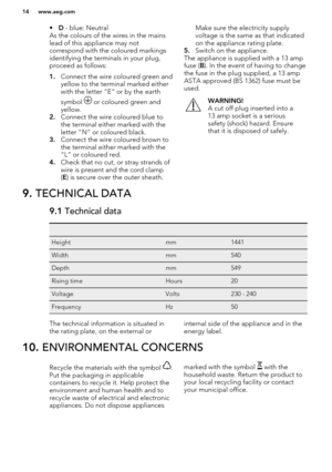 Page 14•D - blue: Neutral
As the colours of the wires in the mains
lead of this appliance may not
correspond with the coloured markings
identifying the terminals in your plug,
proceed as follows:
1. Connect the wire coloured green and
yellow to the terminal marked either
with the letter “E“ or by the earth
symbol 
 or coloured green and
yellow.
2. Connect the wire coloured blue to
the terminal either marked with the
letter “N“ or coloured black.
3. Connect the wire coloured brown to
the terminal either marked...