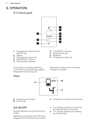 Page 63. OPERATION3.1  Control panel1.Compartment select key and
ON/OFF key
2. Display
3. Temperature warmer key
4. FROSTMATIC indicator
5. ExtraHumidity indicator6.COOLMATIC indicator
7. ExtraHumidity key
8. Mode key
9. Temperature colder keyIt is possible to change predefined
sound of buttons by pressing together temperature warmer key andtemperature colder key for 3 seconds.
Change is reversible.DisplayA. Compartment indicator
B. ECO modeC.Temperature compartment indicator3.2  ON/OFF
Plug the appliance into...