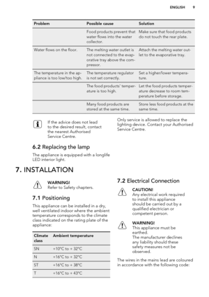 Page 9ProblemPossible causeSolutionFood products prevent that
water flows into the water
collector.Make sure that food products
do not touch the rear plate.Water flows on the floor.The melting water outlet is
not connected to the evap-
orative tray above the com-
pressor.Attach the melting water out-
let to the evaporative tray.The temperature in the ap-
pliance is too low/too high.The temperature regulator
is not set correctly.Set a higher/lower tempera-
ture.The food products' temper-
ature is too...