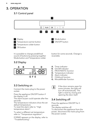 Page 63. OPERATION3.1  Control panel1Display2
Temperature warmer button
3
Temperature colder button
4
OK button
5Mode button6
ON/OFF button
It is possible to change predefined
sound of buttons by pressing together Mode button and Temperature colderbutton for some seconds. Change is
reversible.3.2  DisplayA.Timer indicator
B. On/Off indicator
C. FROSTMATIC function
D. Temperature indicator
E. Alarm indicator
F. ChildLock function
G. MinuteMinder function3.3  Switching on
Connect the mains plug to the power...