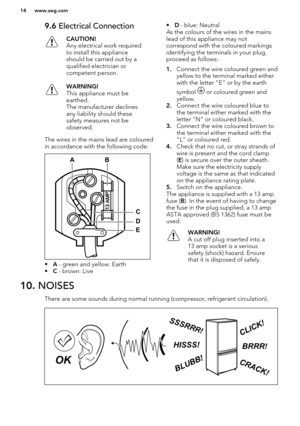 Page 149.6 Electrical ConnectionCAUTION!
Any electrical work required to install this appliance
should be carried out by a
qualified electrician or
competent person.WARNING!
This appliance must be
earthed.
The manufacturer declines
any liability should these
safety measures not be
observed.
The wires in the mains lead are coloured
in accordance with the following code:
• A - green and yellow: Earth
• C - brown: Live
• D - blue: Neutral
As the colours of the wires in the mains
lead of this appliance may not...