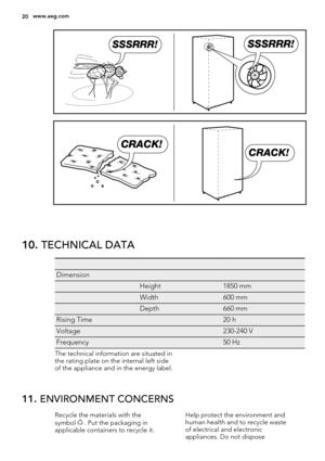 Page 20SSSRRR!SSSRRR!
CRACK!
CRACK!
10. TECHNICAL DATA
   
Dimension  
 Height1850 mm
 Width600 mm
 Depth660 mm
Rising Time 20 h
Voltage 230-240 V
Frequency 50 Hz
The technical information are situated in
the rating plate on the internal left side
of the appliance and in the energy label.
11. ENVIRONMENT CONCERNS
Recycle the materials with the
symbol  . Put the packaging in
applicable containers to recycle it.Help protect the environment and
human health and to recycle waste
of electrical and electronic...