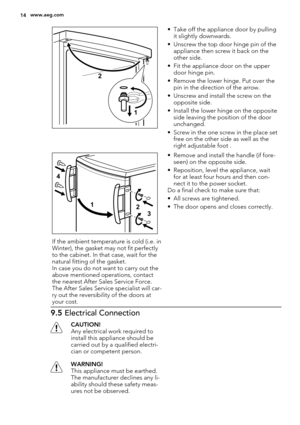 Page 142
1
• Take off the appliance door by pulling
it slightly downwards.
• Unscrew the top door hinge pin of the
appliance then screw it back on the
other side.
• Fit the appliance door on the upper
door hinge pin.
• Remove the lower hinge. Put over the
pin in the direction of the arrow.
• Unscrew and install the screw on the
opposite side.
• Install the lower hinge on the opposite
side leaving the position of the door
unchanged.
• Screw in the one screw in the place set
free on the other side as well as the...