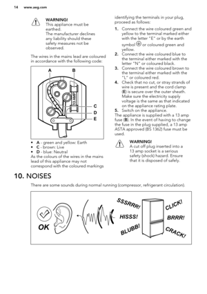 Page 14WARNING!
This appliance must be
earthed.
The manufacturer declines
any liability should these
safety measures not be
observed.
The wires in the mains lead are coloured
in accordance with the following code:
• A - green and yellow: Earth
• C - brown: Live
• D - blue: Neutral
As the colours of the wires in the mains
lead of this appliance may not
correspond with the coloured markings
identifying the terminals in your plug,
proceed as follows:
1. Connect the wire coloured green and
yellow to the terminal...