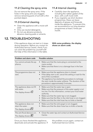 Page 1711.2 Cleaning the spray arms
Do not remove the spray arms. If the
holes in the spray arms are clogged,
remove remaining parts of soil with a thin
pointed object.11.3  External cleaning
• Clean the appliance with a moist soft
cloth.
• Only use neutral detergents.
• Do not use abrasive products, abrasive cleaning pads or solvents.
11.4  Internal cleaning
• Carefully clean the appliance, including the rubber gasket of the
door, with a soft moist cloth.
• If you regularly use short duration programmes, these...