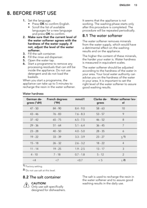 Page 138. BEFORE FIRST USE1.Set the language.
• Press  OK to confirm English.
• Scroll the list of available languages for a new language
and press  OK to confirm.
2. Make sure that the current level of the water softener agrees with the
hardness of the water supply. If
not, adjust the level of the water softener.
3. Fill the salt container.
4. Fill the rinse aid dispenser.
5. Open the water tap.
6. Start a programme to remove any
processing residuals that can still be
inside the appliance. Do not use
detergent...