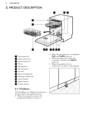 Page 63. PRODUCT DESCRIPTION1Top spray arm2
Upper spray arm
3
Lower spray arm
4
Filters
5
Rating plate
6
Salt container
7
Air vent
8
Rinse aid dispenser
9
Detergent dispenser
10
Lower basket
11
Upper basket
12
Cutlery drawer
3.1  TimeBeam
The TimeBeam is a display that shows on
the floor below the appliance door.
• When the programme starts, the programme duration comes on.
• When the programme is completed, 
0:00  and  CLEAN  come on.
• When the delay start starts, the countdown duration and  DELAY
come on.
•...