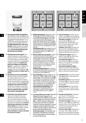 Page 99
d 
GR
NL
F
GB
AA
BB
C
C
4. Verarbeitung heißer Flüssigkeiten:  
Wir	empfehlen,	heiße	Flüssigkeiten	ab -
kühlen	 zu	lassen	 (max.	90	°C),	 bevor	 der	
Krug	gefüllt	wird	Den	Behälter	nur	zur 	
Hälfte füllen und die Verarbeitung mit 
geringer	Geschwindigkeit	beginnen. 	
Der Mixerbehälter kann sehr warm 
werden. Hände schützen und Dampf 
durch	die	Einfüllöffnung	entweichen 	
lassen.  Vor der Verwendung immer 
die Abdeckung aufsetzen. 6. Impuls-Funktion: 
Drücken Sie die 
„Impuls“ Taste  (A),	wenn...