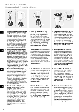 Page 88
A
BA
B
C
A
B
C
3.  Die Abdeckung schließen (A) und den Messbecher in die Einfüllöff-
nung einsetzen und (B) einrasten 
lassen. (M it dem Messbecher können 
Zutaten hinzugefügt werden, wäh -
rend der Mixer läuft. Um Spritzer 
zu vermeiden, die Einfüllöffnung 
danach sofort wieder verschließen.) 
Vorsicht! Zur Verarbeitung heißer 
Flüssigkeiten siehe Absatz 4.D
1.  Avant la première utilisation du 
blender, nettoyer toutes les pièces à 
l'exception du bloc moteur.  
  Montage :  Placez le joint en...