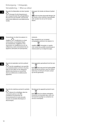 Page 1010
Entsorgung  /
Recyceln Sie Materialien mit dem Symbol 
. Entsorgen Sie die Verpackung in 
den entsprechenden Recyclingbehältern.
Recyceln Sie zum Umwelt- und Gesund-
heitsschutz elektrische und elektronische 
Geräte.  Entsorgen Sie Geräte mit diesem Symbol  nicht mit dem Hausmüll. Bringen Sie 
das Gerät zu Ihrer örtlichen Sammelstelle 
oder wenden Sie sich an Ihr Gemein-
deamt.
Απόρριψη
συσ\bευ\fς. 
Μην απορρίπτετε με τα οι\bια\bά 
απορρίμματα συσ\bευ\fς που φ\fρουν το 
σύμβολο 
. Επιστρ\fψτε το...