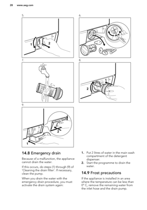 Page 285.6.7.8.9. 14.8 Emergency drain
Because of a malfunction, the appliance cannot drain the water.
If this occurs, do steps (1) through (9) of
'Cleaning the drain filter'. If necessary,
clean the pump.
When you drain the water with the
emergency drain procedure, you must
activate the drain system again:1. Put 2 litres of water in the main wash
compartment of the detergent
dispenser.
2. Start the programme to drain the
water.14.9  Frost precautions
If the appliance is installed in an area
where the...