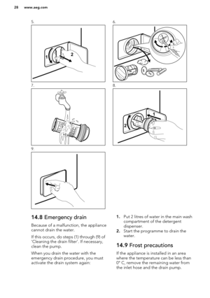 Page 285.6.7.8.9. 14.8 Emergency drain
Because of a malfunction, the appliance cannot drain the water.
If this occurs, do steps (1) through (9) of
'Cleaning the drain filter'. If necessary,
clean the pump.
When you drain the water with the
emergency drain procedure, you must
activate the drain system again:1. Put 2 litres of water in the main wash
compartment of the detergent
dispenser.
2. Start the programme to drain the
water.14.9  Frost precautions
If the appliance is installed in an area
where the...