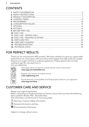 Page 2CONTENTS
1. SAFETY INFORMATION.................................................................................................3
2.  SAFETY INSTRUCTIONS................................................................................................ 5
3.  PRODUCT DESCRIPTION.............................................................................................. 7
4.  CONTROL PANEL........................................................................................................... 8
5....
