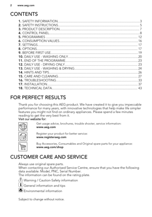 Page 2CONTENTS
1. SAFETY INFORMATION.................................................................................................3
2.  SAFETY INSTRUCTIONS................................................................................................ 5
3.  PRODUCT DESCRIPTION.............................................................................................. 7
4.  CONTROL PANEL........................................................................................................... 8
5....
