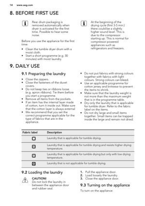 Page 148. BEFORE FIRST USERear drum packaging is
removed automatically when
dryer is activated for the first
time. Possible to hear some
noise.
Before you use the appliance for the first time:
• Clean the tumble dryer drum with a moist cloth.
• Start a short programme (e.g. 30 minutes) with moist laundry.
At the beginning of the
drying cycle (first 3-5 min.)
there could be a slightly
higher sound level. This is
due to the compressor
starting up. This is normal for
compressor powered
appliances such as...