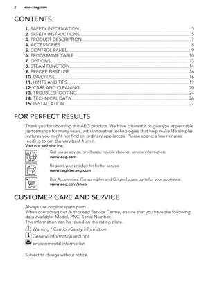 Page 2CONTENTS
1. SAFETY INFORMATION.................................................................................................3
2.  SAFETY INSTRUCTIONS................................................................................................ 5
3.  PRODUCT DESCRIPTION.............................................................................................. 7
4.  ACCESSORIES................................................................................................................. 8
5....