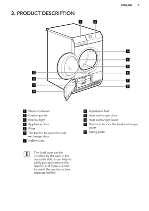 Page 73. PRODUCT DESCRIPTION1Water container2
Control panel
3
Internal light
4
Appliance door
5
Filter
6
The button to open the heat
exchanger door
7
Airflow slots
8Adjustable feet9
Heat exchanger door
10
Heat exchanger cover
11
The knob to lock the heat exchanger
cover
12
Rating plate
The load door can be
installed by the user in the
opposite side. It can help to
easily put and remove the
laundry or if there is a limit
to install the appliance (see
separate leaflet).ENGLISH712
7
3
4
5
6
9
10
11
12
8   