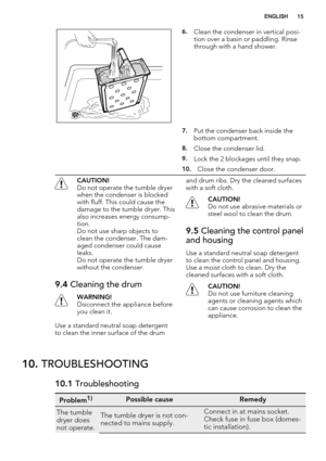 Page 156.Clean the condenser in vertical posi-
tion over a basin or paddling. Rinse
through with a hand shower.
 
7.Put the condenser back inside the
bottom compartment.
 
8.Close the condenser lid.
 
9.Lock the 2 blockages until they snap.
 
10.Close the condenser door.
CAUTION!
Do not operate the tumble dryer
when the condenser is blocked
with fluff. This could cause the
damage to the tumble dryer. This
also increases energy consump-
tion.
Do not use sharp objects to
clean the condenser. The dam-
aged...