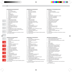 Page 202020
eng
de
fra
ita
esp
por
ned
dan
nor
sve
fin
gre
arb
BESCHRIJVING VAN ERGORAPIDO™1. Toets aan/uit2. Toets omhoog/omlaag3. Toets aan/uit, handeenheid4. Hendel5. Hoofdgedeelte6. Vergrendelschroef 7. Ontgrendelknop, handeenheid8. Oplaadstation, wandeenheid9. Oplaadstation, vloereenheid10. Adapter11. Fijnfilter (binnenste filter)12. Voorfilter (buitenste filter)13. Ontgrendelknop, stofcontainer14. Display batterij, lithium-versie*15. Stofcontainer16. Borstel*17. Mondstuk voor kieren*18. Ontgrendelknop...
