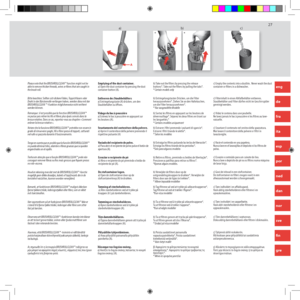 Page 272727
eng
de
fra
ita
esp
por
ned
dan
nor
sve
fin
gre
arb
a) b) 
**
c) 
A
Please note that the BRUSHROLLCLEAN™ function might not be able to remove thicker threads, wires or fibres that are caught in the brush roll. 
b) Take out the filters by pressing the release buttons*. Take out the filters by pulling the tabs*.* Certain models only  
Emptying of the dust container.a) Open the dust container by pressing the dustcontainer button (A). 
c) Empty the contents into a dustbin.  Never wash the dust container...