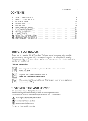 Page 22
www.a e g .c o m
C O NTE N TS
\b.     SA FE TY IN FO RM ATIO N. . . . . . . . . . . . . . . . . . . . . . . . . . . . . . . . . . . . . . . . . . . . . . . . . 3
2.     PR O DUC T D ESC RIP TIO N . . . . . . . . . . . . . . . . . . . . . . . . . . . . . . . . . . . . . . . . . . . . . . . 8
3.     CO NTR O L P A N EL. . . . . . . . . . . . . . . . . . . . . . . . . . . . . . . . . . . . . . . . . . . . . . . . . . . . .  10
4 .     BEFO RE F IR ST  U SE . . . . . . . . . . . . . . . . . . . . . . . . ....